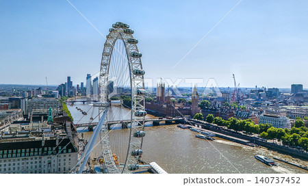 Panorama in downtown include distant Ferris wheel, Thames river with pleasure boats and Big Ben tower Panorama in downtown include distant Ferris wheel, Thames river with pleasure boats and Big Ben tower 140737452