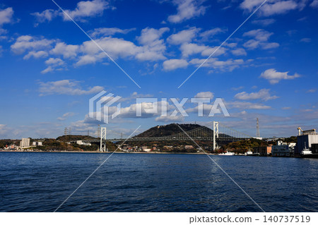 A large ocean liner departed, passing under Kanmon bridge toward the sea at Kitakyushu, Japan. A large ocean liner departed, passing under Kanmon bridge toward the sea at Kitakyushu, Japan. 140737519