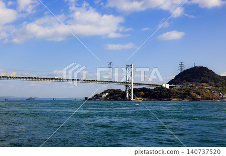 A large ocean liner departed, passing under Kanmon bridge toward the sea at Kitakyushu, Japan. A large ocean liner departed, passing under Kanmon bridge toward the sea at Kitakyushu, Japan. 140737520
