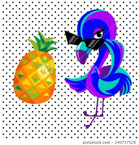 Trendy neon blue and purple flamingo wearing sunglasses next to a geometric pineapple on polka dots. Trendy neon blue and purple flamingo wearing sunglasses next to a geometric pineapple on polka dots. 140737529