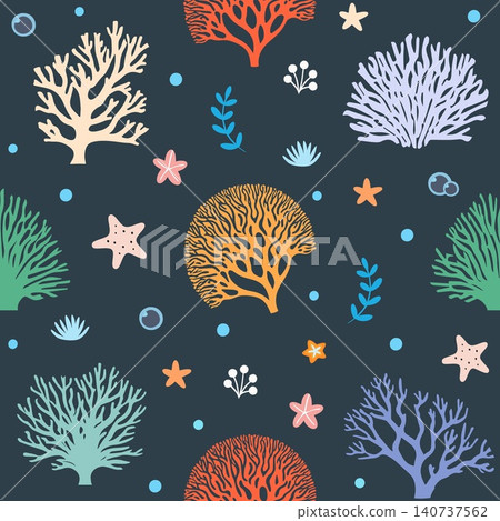 Seamless pattern with hand drawn corals of different shapes and colors. Underwater flora, sea plants. Vector botanical illustration. Seamless pattern with hand drawn corals of different shapes and colors. Underwater flora, sea plants. Vector botanical illustration. 140737562