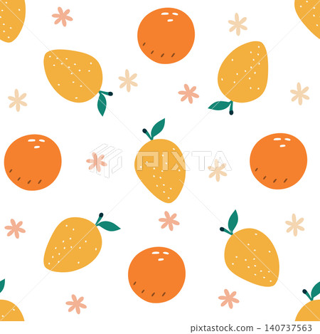 Seamless pattern with mango and orange. Citrus fruits colorful summer background. Seamless pattern with mango and orange. Citrus fruits colorful summer background. 140737563