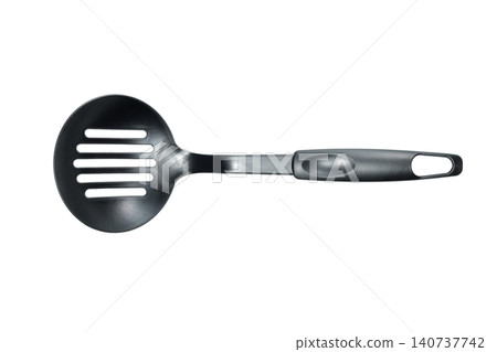 black plastic kitchen slotted skimmer spoon on white background 140737742
