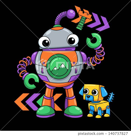 Colorful cartoon robot with spring arms and a cute mechanical dog friend on black background. 140737827