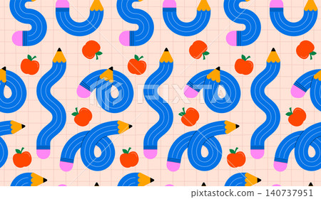 Playful seamless pattern with twisted curved pencil and apple doodles. Back to school colorful Playful seamless pattern with twisted curved pencil and apple doodles. Back to school colorful 140737951