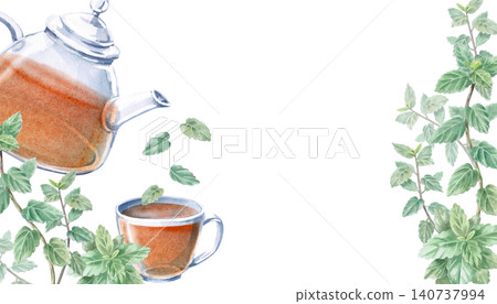 A teapot with a cup and mint sprigs in a rectangular frame. Isolated watercolor illustration for drink menu designs, herbal tea packaging, cards, product labels, prints, and blog posts. A teapot with a cup and mint sprigs in a rectangular frame. Isolated watercolor illustration for drink menu designs, herbal tea packaging, cards, product labels, prints, and blog posts. 140737994