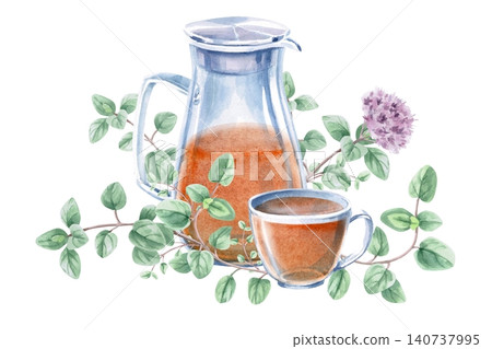 A pitcher and cup of aromatic tea with oregano branches. Isolated watercolor illustration for drink menu designs, herbal tea packaging, cards, product labels, prints, and blog posts. 140737995