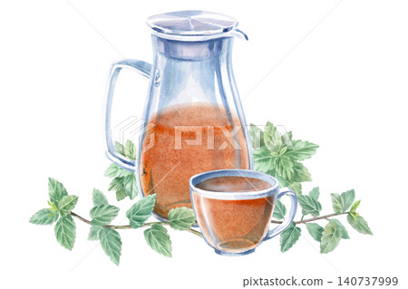 A pitcher and cup of aromatic tea with mint sprigs. Isolated watercolor illustration for drink menu designs, herbal tea packaging, cards, product labels, prints, and blog posts. 140737999