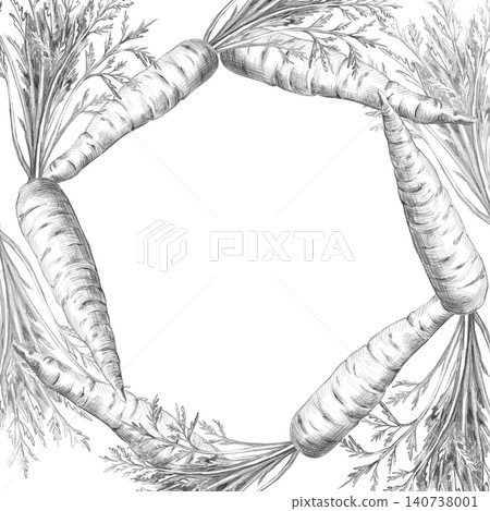 A square frame with detailed carrots. Isolated pencil illustration for restaurant menus, product labels, cookbooks, healthy lifestyle articles, and healthy eating articles. A square frame with detailed carrots. Isolated pencil illustration for restaurant menus, product labels, cookbooks, healthy lifestyle articles, and healthy eating articles. 140738001