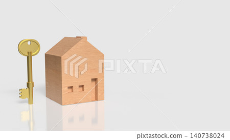 Golden Key And Wooden House For Secure Home Ownership 3d render. Golden Key And Wooden House For Secure Home Ownership 3d render. 140738024