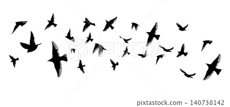 Flying birds silhouette flock. hand drawing. Not AI. Vector illustration 140738142
