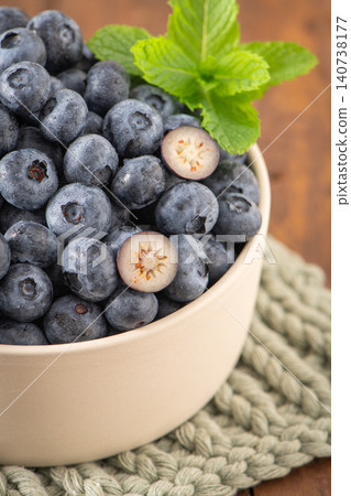Fresh blueberries in a bowl with mint leaves, capturing a close-up, vibrant, and healthy food photography aesthetic perfect for culinary projects Fresh blueberries in a bowl with mint leaves, capturing a close-up, vibrant, and healthy food photography aesthetic perfect for culinary projects 140738177