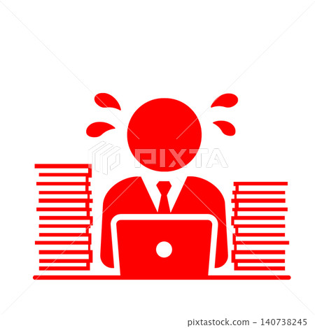 A pictogram (red) of an office worker overwhelmed with a large amount of paperwork and computer work. A pictogram (red) of an office worker overwhelmed with a large amount of paperwork and computer work. 140738245