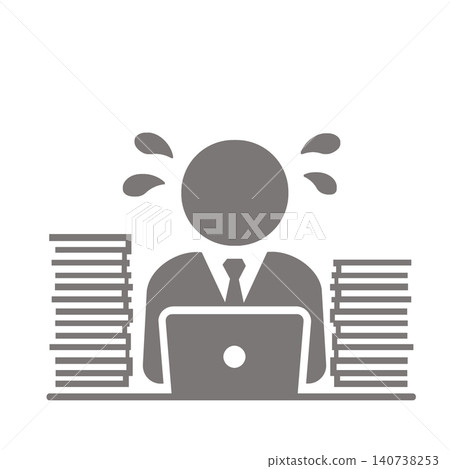 A pictogram (gray) of an office worker overwhelmed with a large amount of paperwork and computer work. 140738253