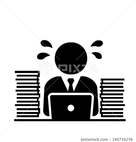 A pictogram (in black) of an office worker overwhelmed with a large amount of paperwork and computer work. A pictogram (in black) of an office worker overwhelmed with a large amount of paperwork and computer work. 140738256