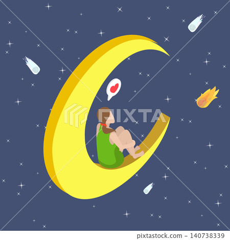 3D Isometric Flat Vector Illustration of Dreaming In Starfall, Woman Gazes At Star-Filled Sky, Seated On Crescent, Wishing On Shooting Stars. 3D Isometric Flat Vector Illustration of Dreaming In Starfall, Woman Gazes At Star-Filled Sky, Seated On Crescent, Wishing On Shooting Stars. 140738339