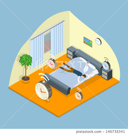 3D Isometric Flat Vector Illustration of Lazy Morning, Man Struggling With Fatigue And Laziness 3D Isometric Flat Vector Illustration of Lazy Morning, Man Struggling With Fatigue And Laziness 140738341