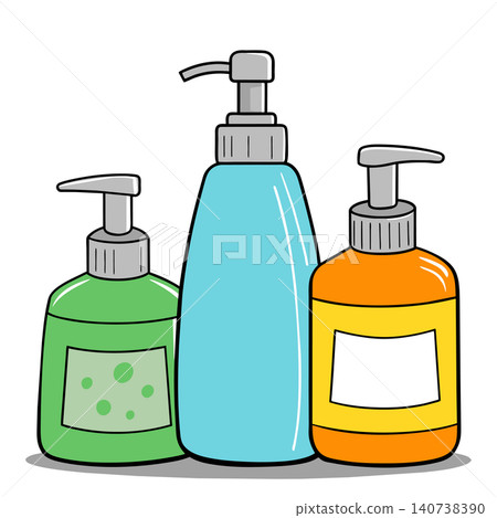 Hand drawn set of bottles with liquid soap. Cartoon style vector illustration. Hand drawn set of bottles with liquid soap. Cartoon style vector illustration. 140738390