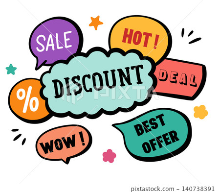 Sale tags or stickers. Offer of discount, best offer, hot price. Hand drawn cartoon style illustration. Sale tags or stickers. Offer of discount, best offer, hot price. Hand drawn cartoon style illustration. 140738391