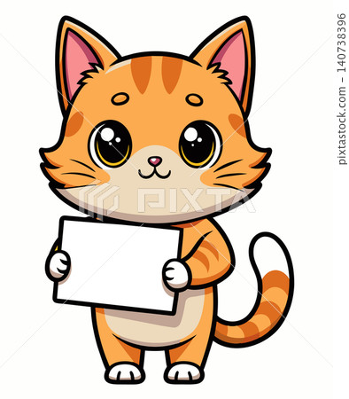 Hand drawn funny cat holding an empty banner with place for text. Cartoon vector illustration. 140738396
