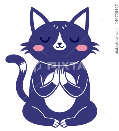 Hand drawn cute cat praying or meditating with closed eyes. Cartoon vector illustration. 140738397