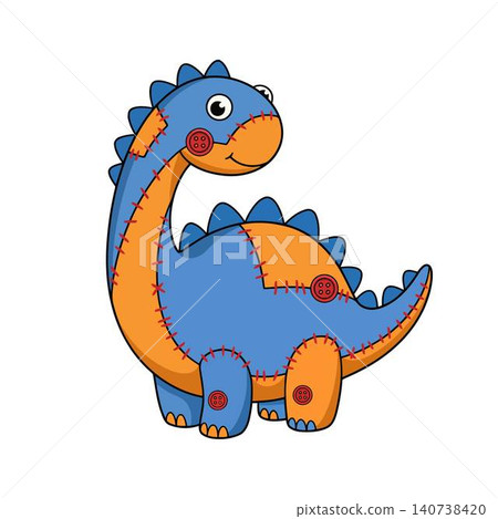 Cute cartoon blue and orange stuffed dinosaur plush toy illustration with red buttons and stitching. Cute cartoon blue and orange stuffed dinosaur plush toy illustration with red buttons and stitching. 140738420