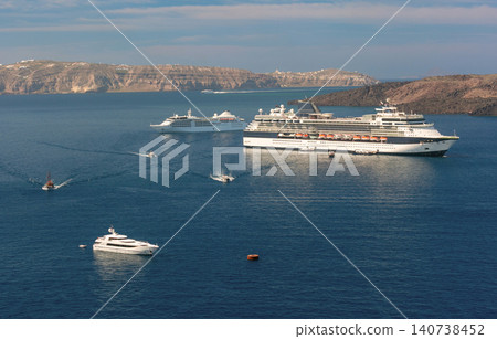 Cruise Ships and Volcanic Islands in Santorini Caldera Greece 140738452