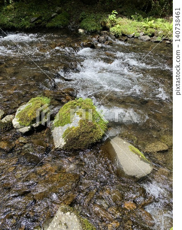 A natural landscape of a valley with moss-covered rocks and a clear stream. A natural landscape of a valley with moss-covered rocks and a clear stream. 140738461