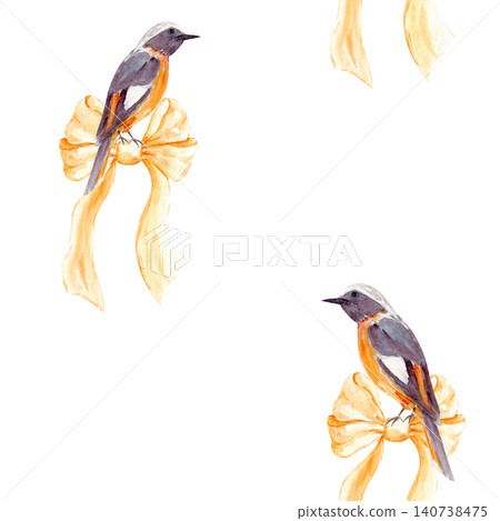 Watercolor seamless pattern with birds perched on golden ribbon bows. Hand painted wildlife design on white background for fabric, wallpaper, wrapping paper, stationery, textiles and surface patterns Watercolor seamless pattern with birds perched on golden ribbon bows. Hand painted wildlife design on white background for fabric, wallpaper, wrapping paper, stationery, textiles and surface patterns 140738475