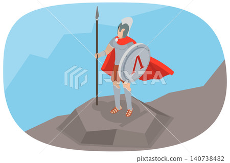 3D Isometric Flat Illustration of Spartan Warrior, With Shield And Spear, Standing Proudly 3D Isometric Flat Illustration of Spartan Warrior, With Shield And Spear, Standing Proudly 140738482
