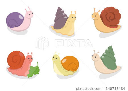 3D Isometric Flat Set of Kawaii Snails, Funny Cartoon Mollusks 3D Isometric Flat Set of Kawaii Snails, Funny Cartoon Mollusks 140738484