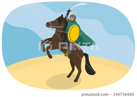 3D Isometric Flat Illustration of Arab Warrior, Muslim Military Leader During The Crusades 3D Isometric Flat Illustration of Arab Warrior, Muslim Military Leader During The Crusades 140738489