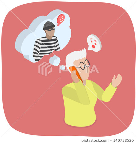 3D Isometric Flat Illustration of Phone Scam, Senior Woman Conversing With Scammer Attempting To Obtain Bank Account Password 3D Isometric Flat Illustration of Phone Scam, Senior Woman Conversing With Scammer Attempting To Obtain Bank Account Password 140738520