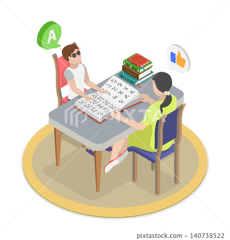 3D Isometric Flat Illustration of Braille Book Reading, Teacher And Special Needs Student Promote Education And Inclusion 3D Isometric Flat Illustration of Braille Book Reading, Teacher And Special Needs Student Promote Education And Inclusion 140738522