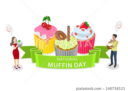 3D Isometric Flat Illustration of Muffin Day, Chocolate Chip Classic Treats 3D Isometric Flat Illustration of Muffin Day, Chocolate Chip Classic Treats 140738523