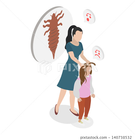 3D Isometric Flat Illustration of Pediculosis, Mother Searching For Lice In Child Hair Due To Parasite Infection 3D Isometric Flat Illustration of Pediculosis, Mother Searching For Lice In Child Hair Due To Parasite Infection 140738532