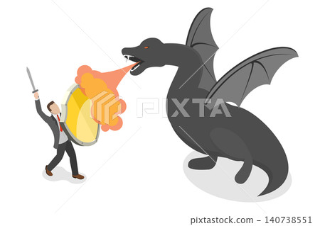 3D Isometric Flat  Illustration of Courage, A Businessman Battling A Dragon 140738551