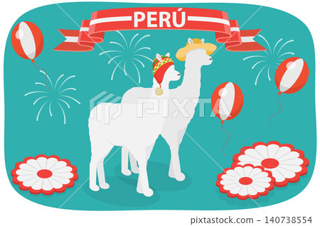 3D Isometric Flat  Illustration of Peruvian Independence Day, With Flags and National Attributes 140738554