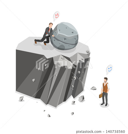 3D Isometric Flat  Illustration of Sabotage, Businessman Using Rock To Eliminate Competitor In Business Feud 140738560