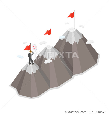 3D Isometric Flat  Illustration of Career Journey, Motivated Businessman Climbs Mountain Peak To Achieve Higher Targets And Success. 140738578