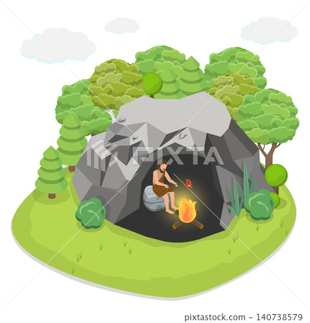 3D Isometric Flat Illustration of Caveman, Primitive Man Prepares Meals In Underground Dwellings. 3D Isometric Flat Illustration of Caveman, Primitive Man Prepares Meals In Underground Dwellings. 140738579