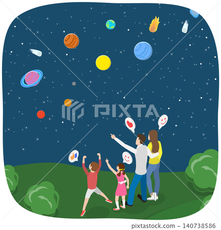 3D Isometric Flat  Illustration of Happy Family, Gazing At Twinkling Night Sky While Intertwined. 140738586