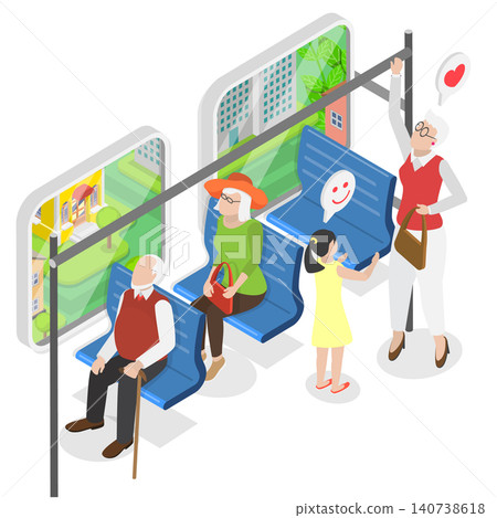 3D Isometric Flat  Illustration of Courteous Kid, Young Girl Shows Respect By Offering Seat To Elderly Woman 140738618