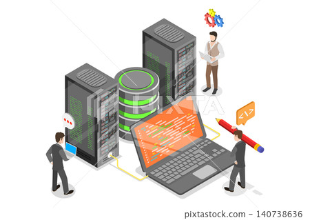 3D Isometric Flat  Illustration of Server Configuring, Technician Diagnosing Computer And Power Supply 140738636
