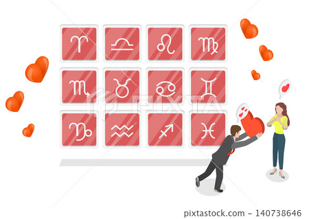 3D Isometric Flat Illustration of Love Horoscope, Woman Choosing Sexual Partner Or Future Husband Near Zodiac Signs. 3D Isometric Flat Illustration of Love Horoscope, Woman Choosing Sexual Partner Or Future Husband Near Zodiac Signs. 140738646