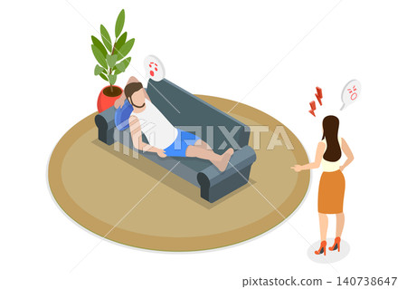 3D Isometric Flat Illustration of Lazy Husband , Argument Between Man and Woman Over Work Refusal While Lounging On Couch 3D Isometric Flat Illustration of Lazy Husband , Argument Between Man and Woman Over Work Refusal While Lounging On Couch 140738647