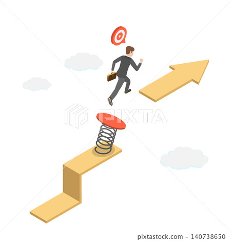 3D Isometric Flat  Illustration of Overcoming An Obstacle, Jumping Over Gap Arrow As Symbol Of Risk 140738650