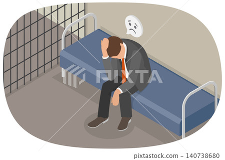 3D Isometric Flat  Illustration of White Collar In Jail, Behind Metal Bars 140738680