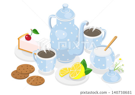 3D Isometric Flat  Illustration of Tea Time, Hot Drink, Desserts, And Cookies. 140738681