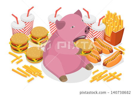 3D Isometric Flat  Illustration of Eating Fat Pig, Joyful Chubby Piggy Eating Junk Food With A Smile On Its Face. 140738682